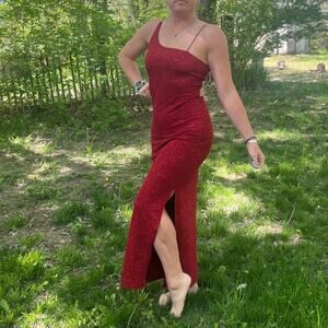 Vintage Y2K Hyphen red glitter roses swirl stretch cord back prom dress